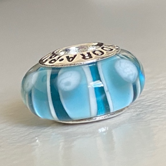 PANDORA Silver 925 ALE Murano Glass Screw Core Blue Stripes With White Dots Bead - Picture 4 of 8